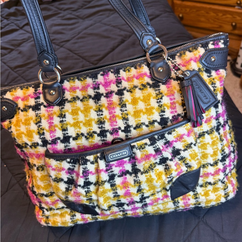 Coach Daisy Wool Tweed Plaid Emma Tote Bag/ Multicolor